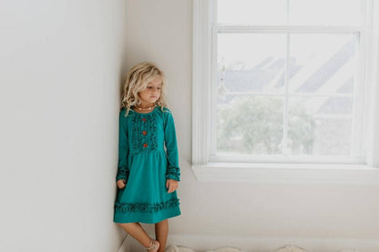 Adorable Sweetness - Kids Long Sleeve Dark Teal Ruffle Button Fall Winter Dress