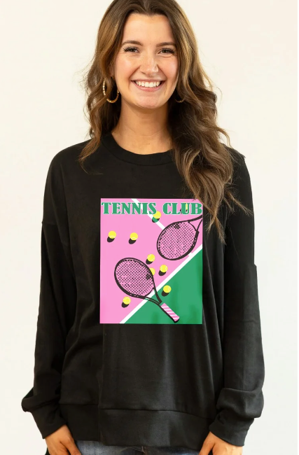GRACE+EMMA by Southern Grace - Tennis Club Micro Fleece Crewneck, Black