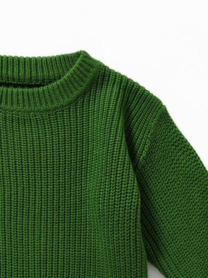 Girls Green Cable Knit Sweater – Chunky Ribbed Pullover – Cozy Winter Knitwear – Long Sleeve Crewneck Top