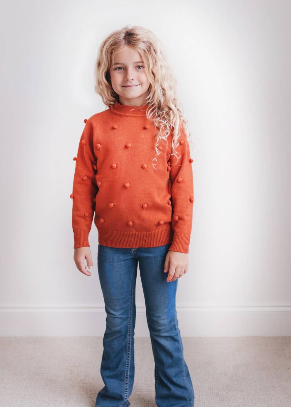Kids Rust Pom Pom Scalloped Crew Neck Sweater