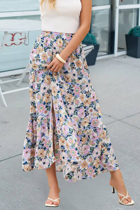 66DISCO - Bohemian Floral Print Tiered Maxi Skirt with Split (S-XL)