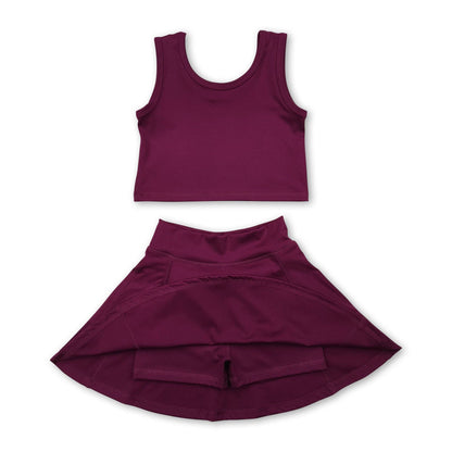 Yawoo Garments - Maroon sleeveless top skirt kids girls active wear set