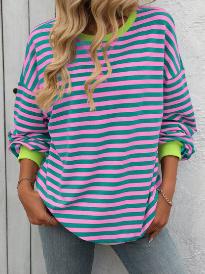 Lovesoft - Women Color Striped Crew Neck Loose Sweatshirt Sweater