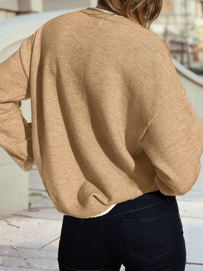 Women’s Leopard Trim Knit Sweater – Brown Lightweight Pullover with Animal Print Cuff Bows – Cozy Fall Winter Boutique Top