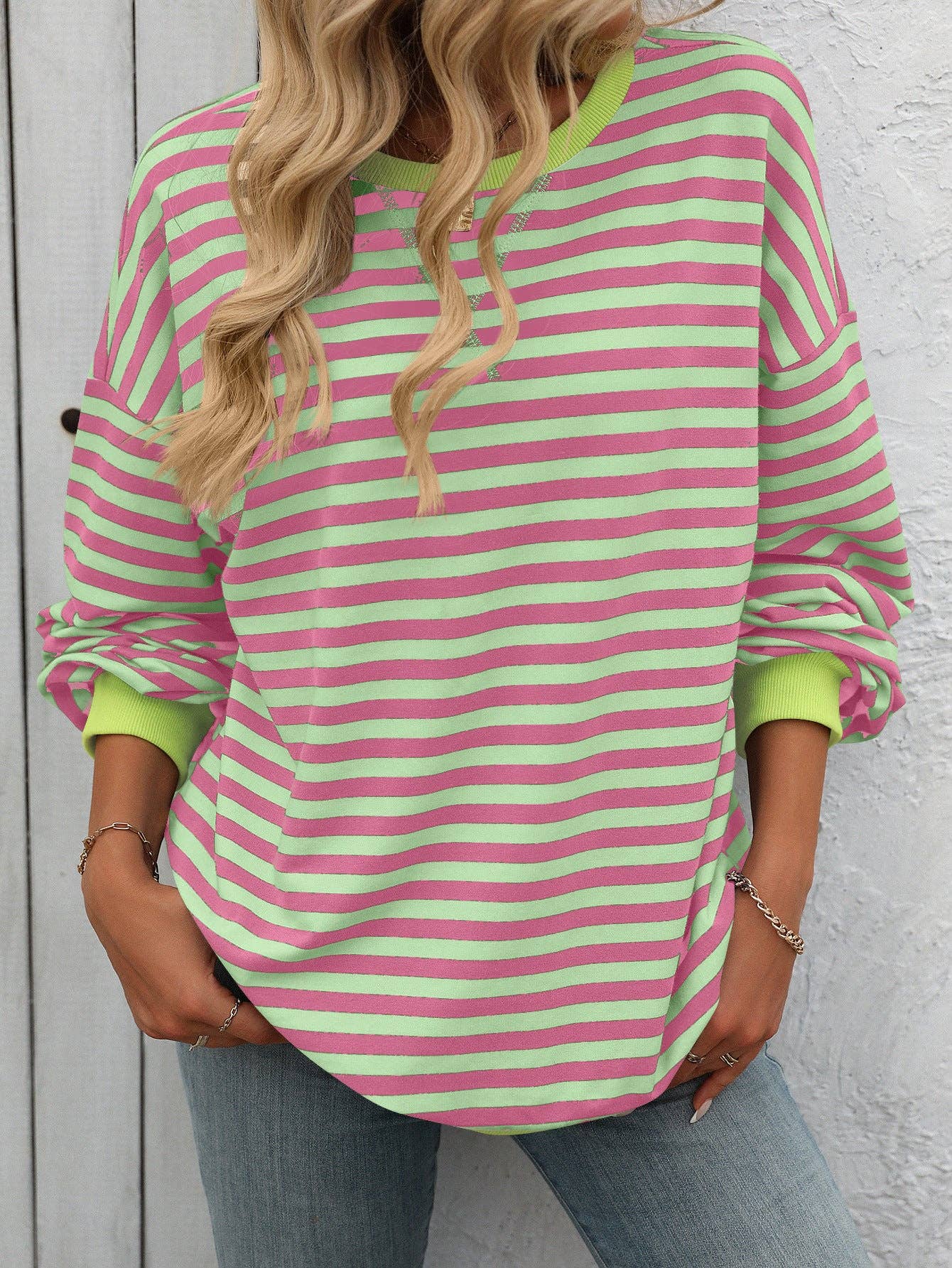 Lovesoft - Women Color Striped Crew Neck Loose Sweatshirt Sweater