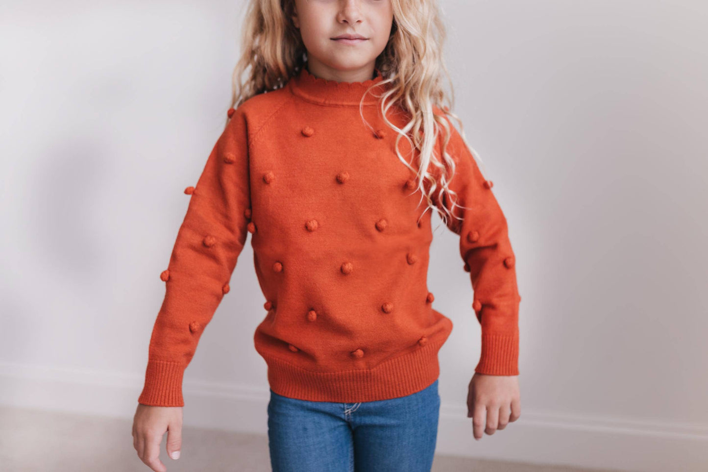 Kids Rust Pom Pom Scalloped Crew Neck Sweater