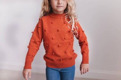 Kids Rust Pom Pom Scalloped Crew Neck Sweater