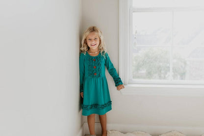 Adorable Sweetness - Kids Long Sleeve Dark Teal Ruffle Button Fall Winter Dress