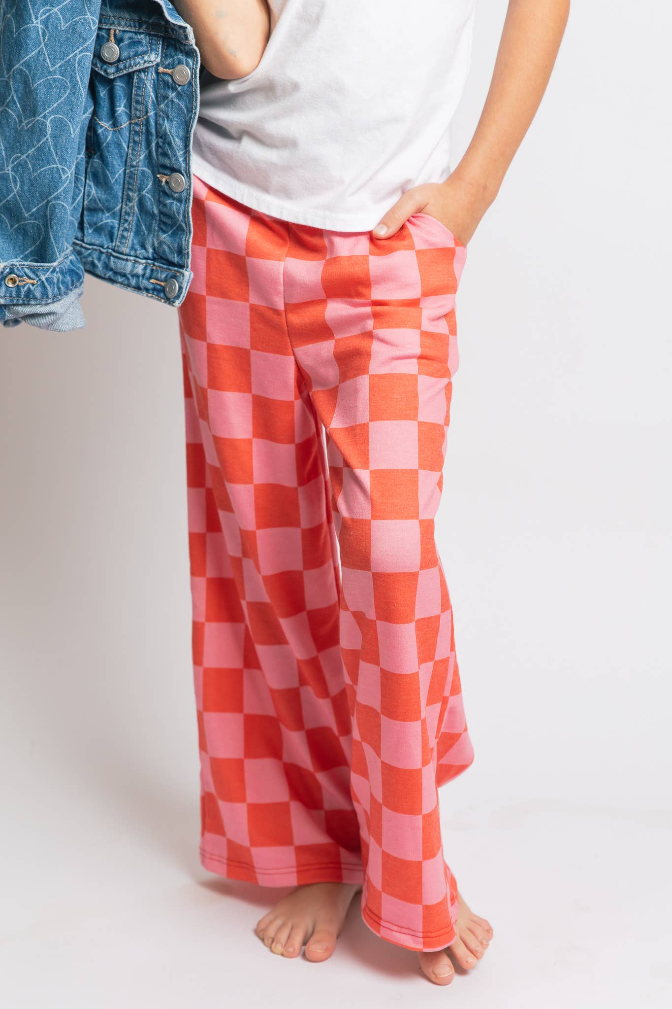 JADE BY JANE - KID STYLE HIGH WAIST CHECKERD STRAIGHT LEG KNIT PANTS