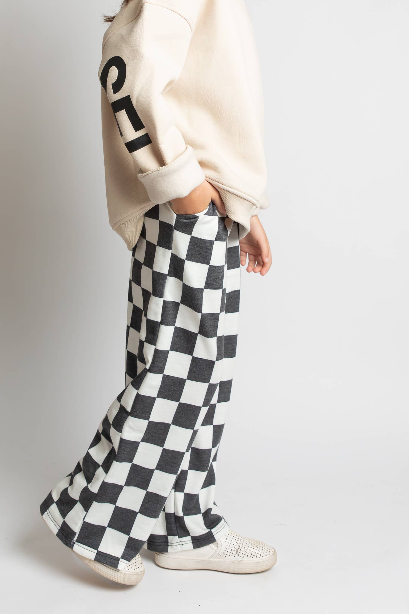 JADE BY JANE - KID STYLE HIGH WAIST CHECKERD STRAIGHT LEG KNIT PANTS