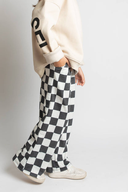 JADE BY JANE - KID STYLE HIGH WAIST CHECKERD STRAIGHT LEG KNIT PANTS