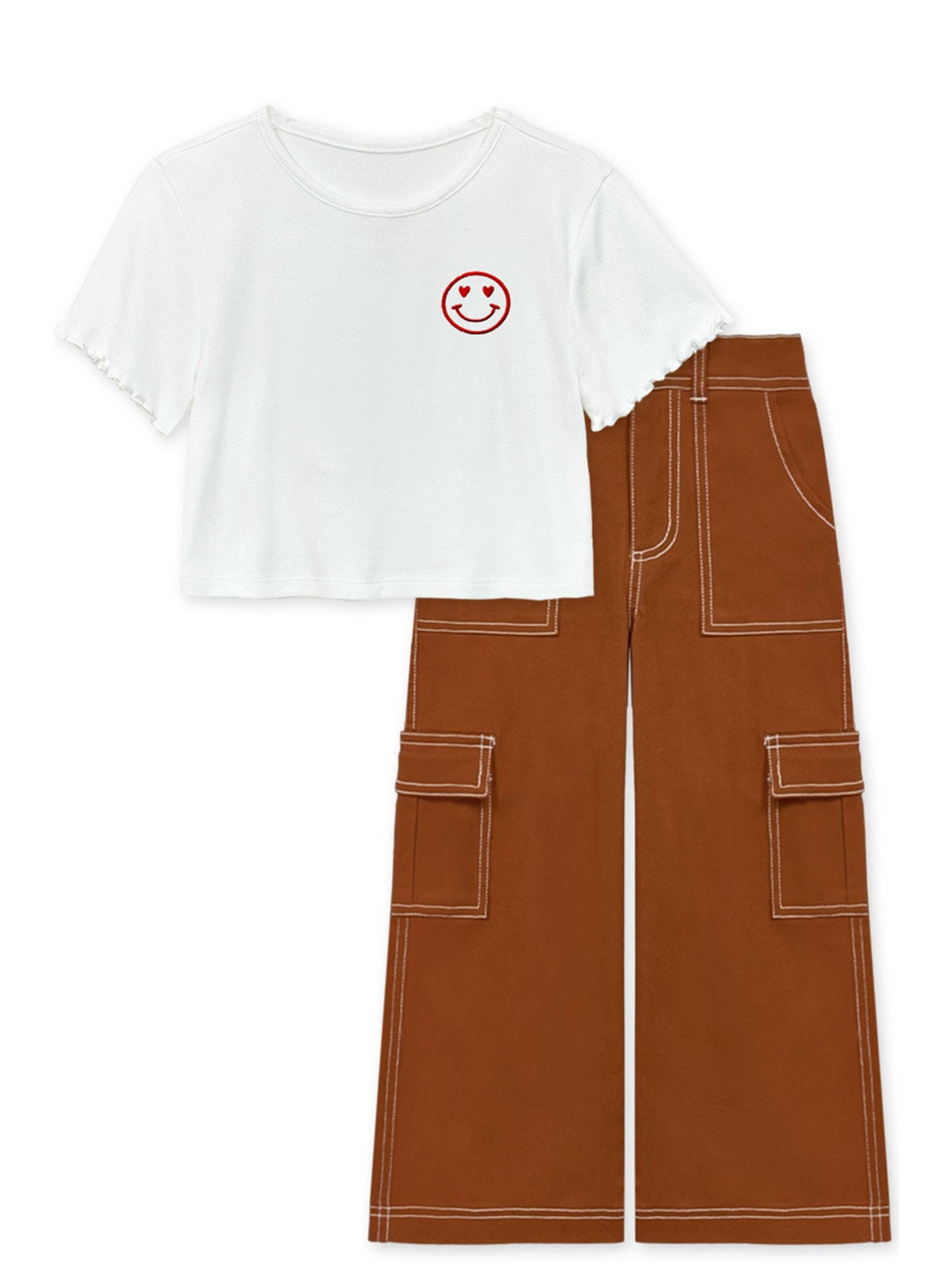 Girl's 2 pc Top & Pant Set w/ Happy Face Embroidery