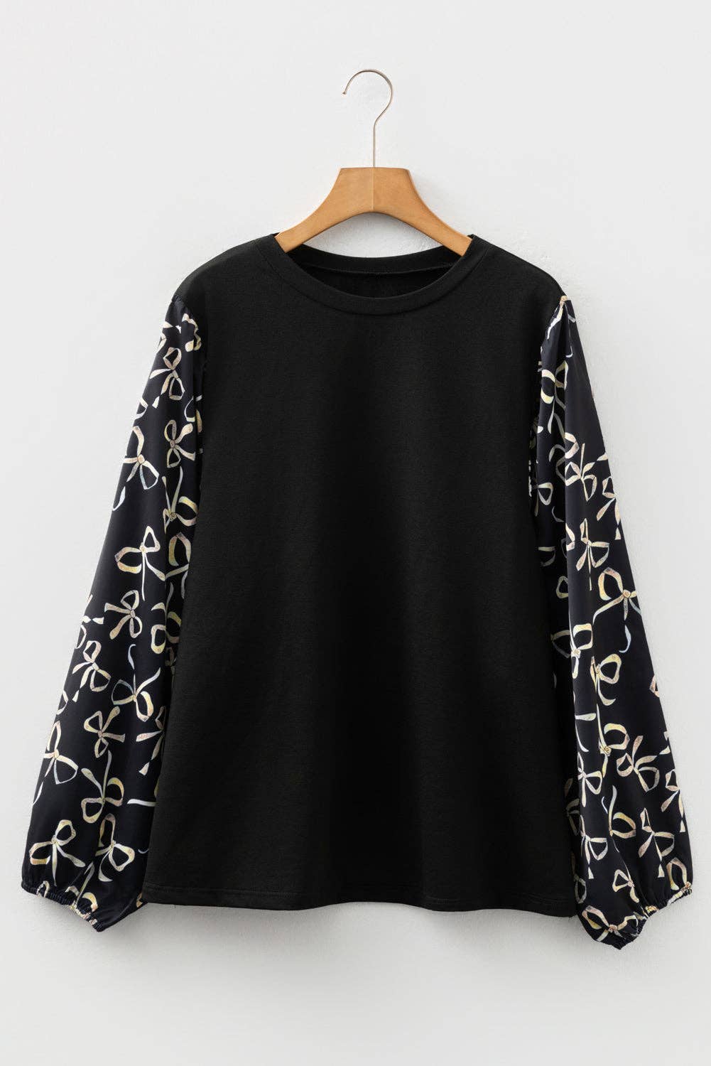 Plus Size Bow Patchwork Long Sleeve Blouse