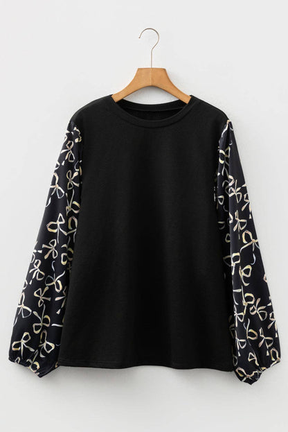 Plus Size Bow Patchwork Long Sleeve Blouse