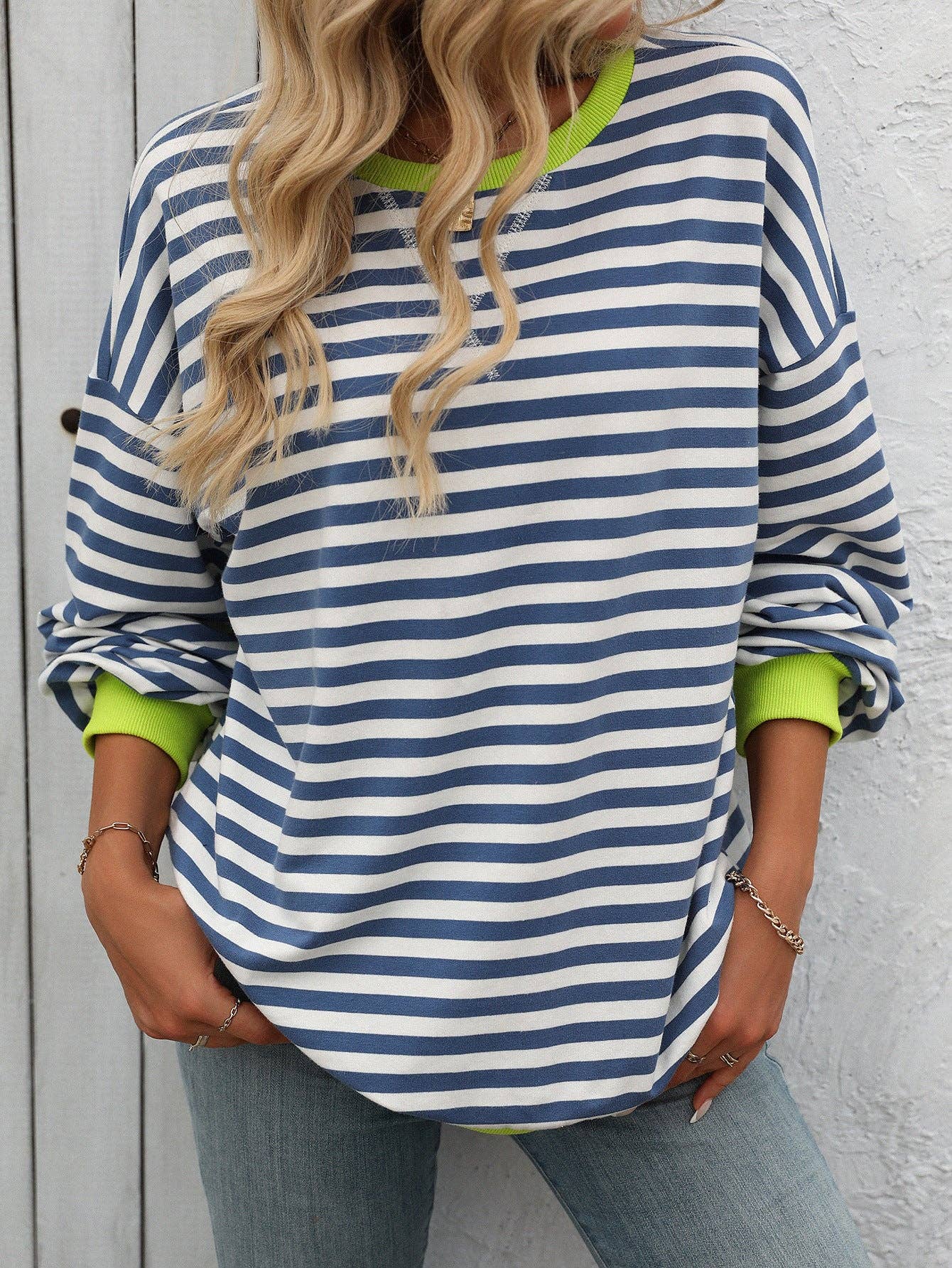 Lovesoft - Women Color Striped Crew Neck Loose Sweatshirt Sweater