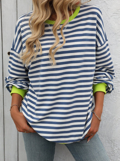 Lovesoft - Women Color Striped Crew Neck Loose Sweatshirt Sweater