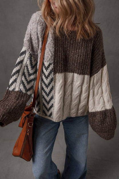 Women's Color Block Cable Knit Patchwork Knotted Back Loose Fit Sweater