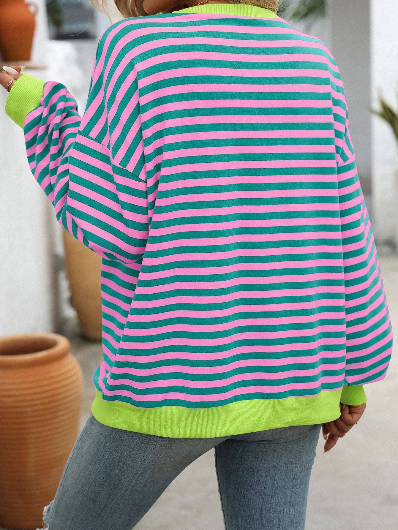 Lovesoft - Women Color Striped Crew Neck Loose Sweatshirt Sweater