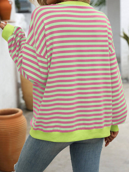 Lovesoft - Women Color Striped Crew Neck Loose Sweatshirt Sweater