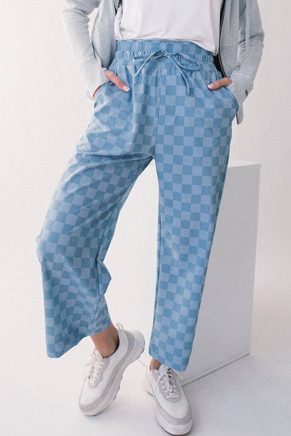 PRETTY BASH - Checker Elastic High Waist Summer Pants