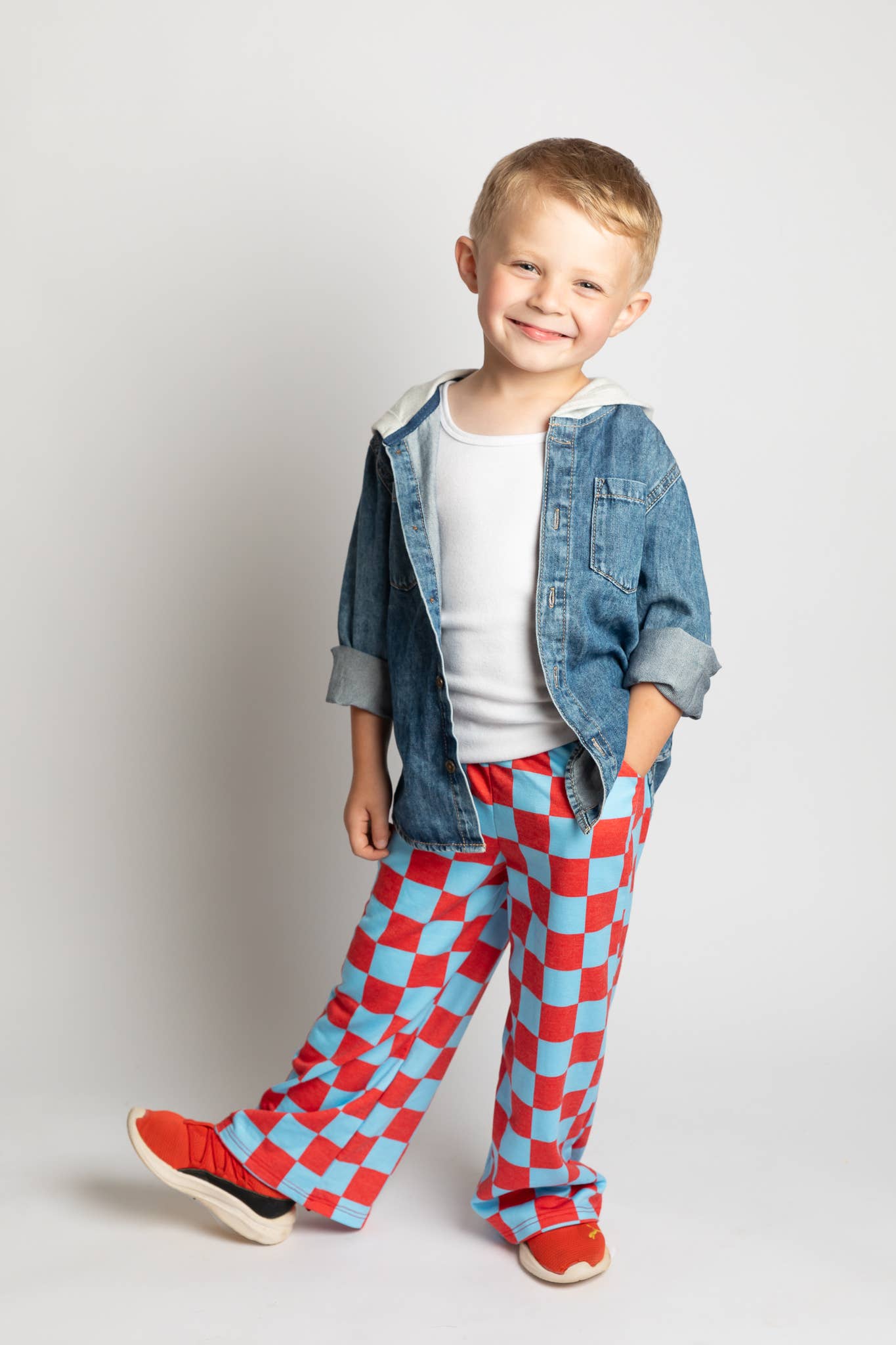 JADE BY JANE - KID STYLE HIGH WAIST CHECKERD STRAIGHT LEG KNIT PANTS