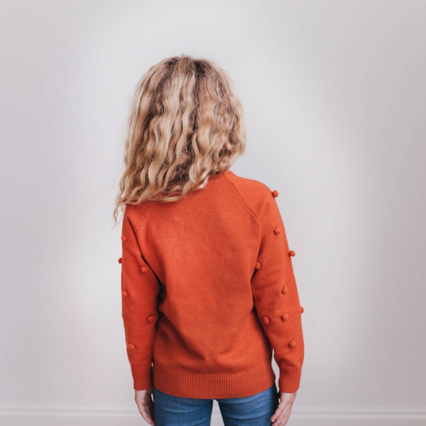 Kids Rust Pom Pom Scalloped Crew Neck Sweater