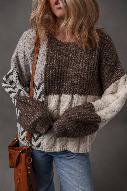 Women's Color Block Cable Knit Patchwork Knotted Back Loose Fit Sweater