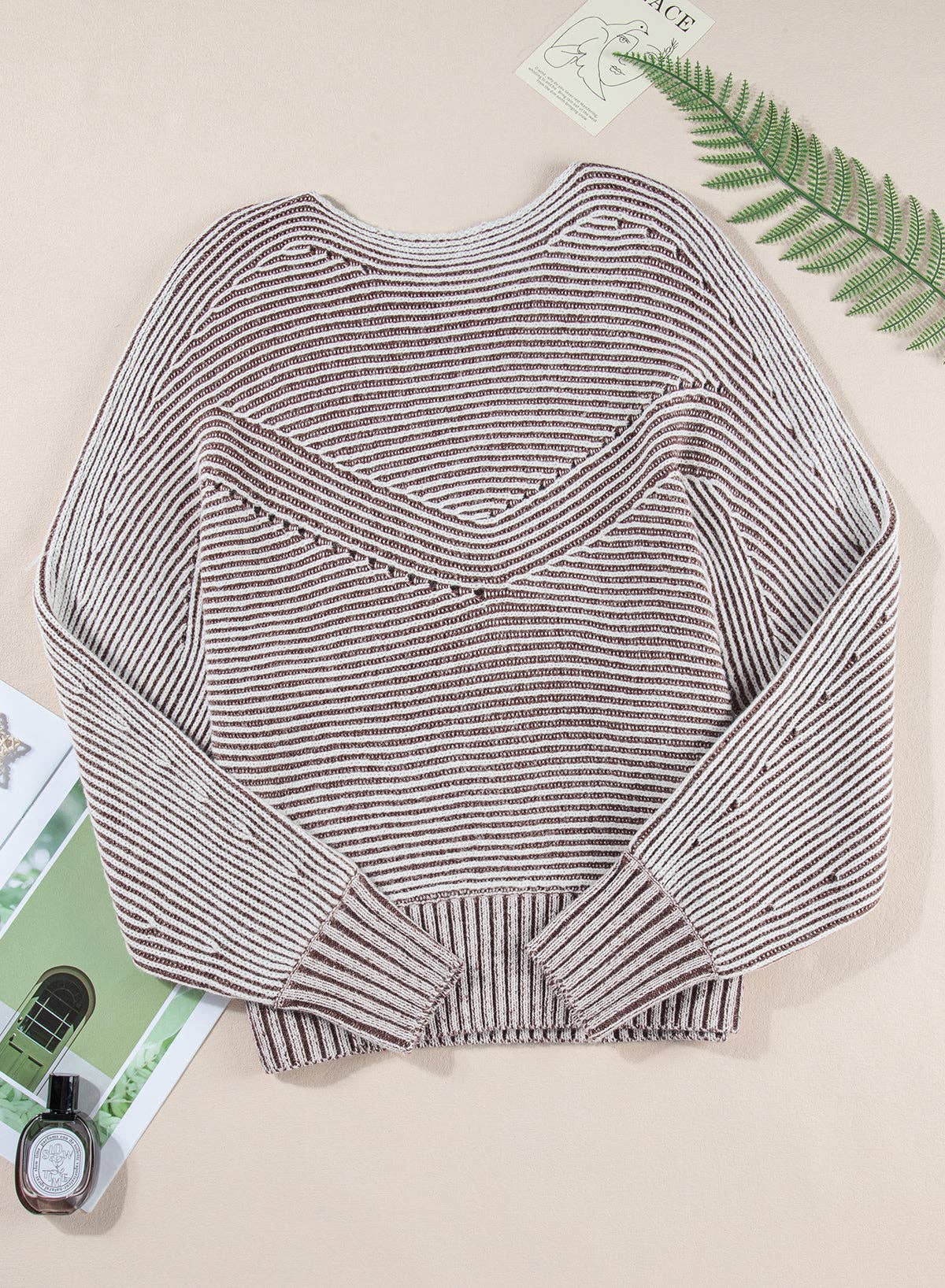 Stripe Ribbed Knit Boat Neck Sweater