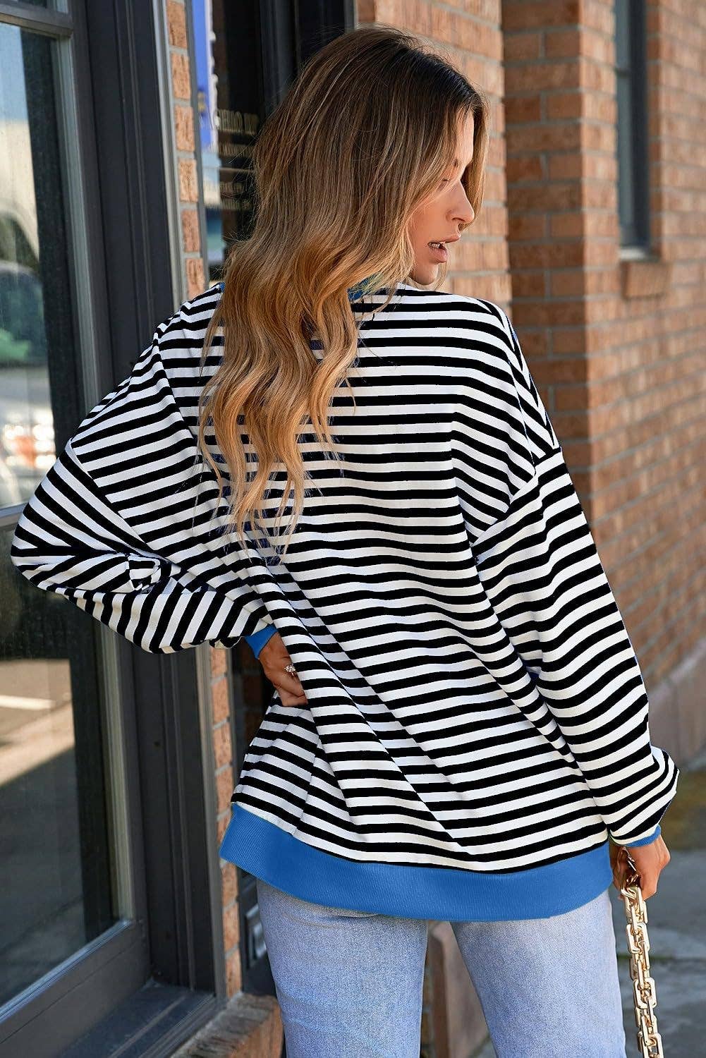 Lovesoft - Women Color Striped Crew Neck Loose Sweatshirt Sweater