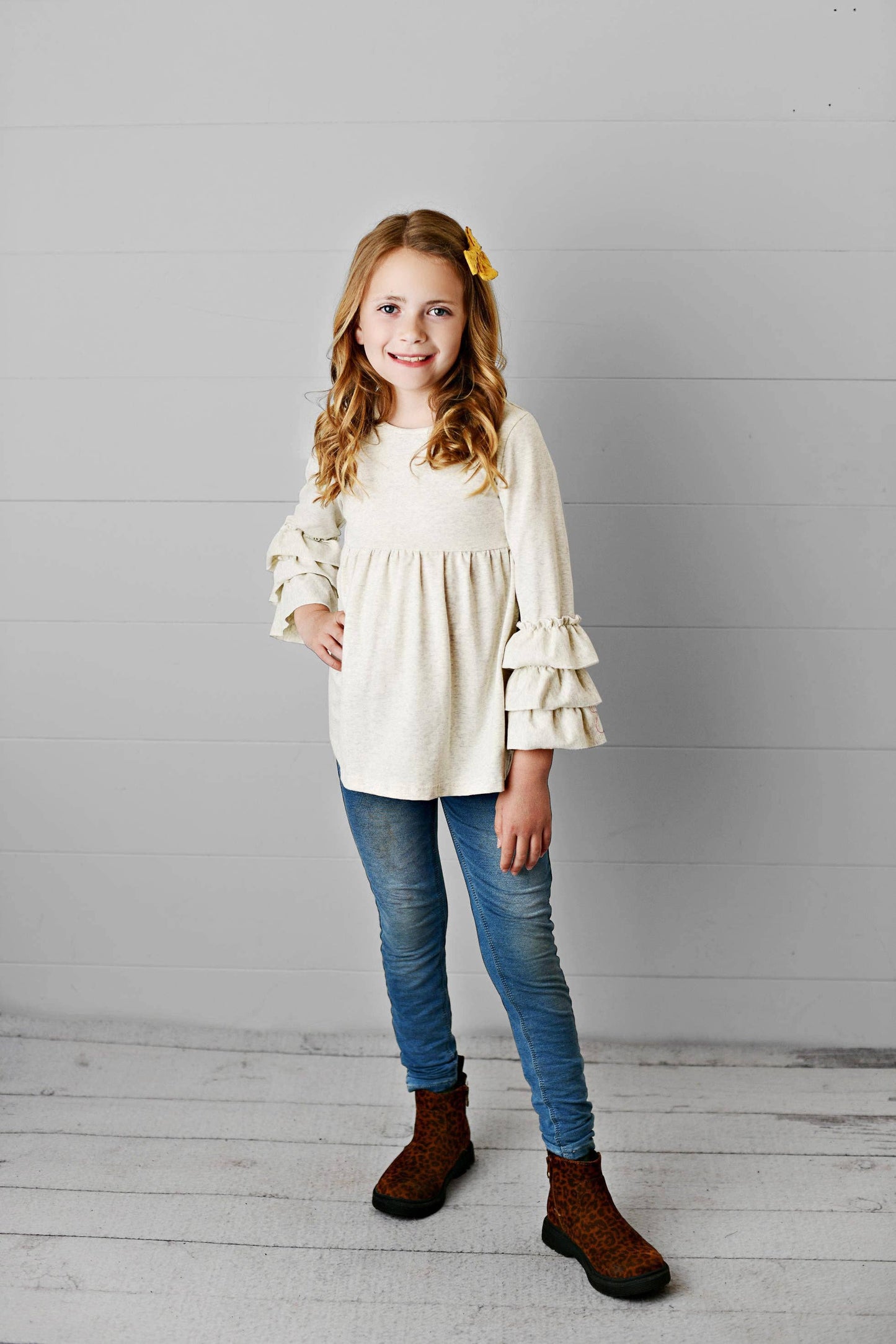 Kids Cream Ecru 3 Ruffle Sleeve Blouse Shirt