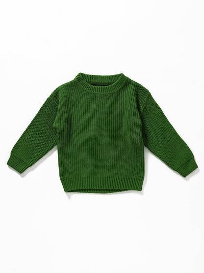 Girls Green Cable Knit Sweater – Chunky Ribbed Pullover – Cozy Winter Knitwear – Long Sleeve Crewneck Top