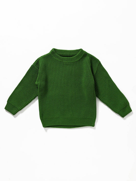 Girls Green Cable Knit Sweater – Chunky Ribbed Pullover – Cozy Winter Knitwear – Long Sleeve Crewneck Top