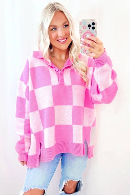 Pink Checkerboard Half Button Collared Drop Shoulder Sweater