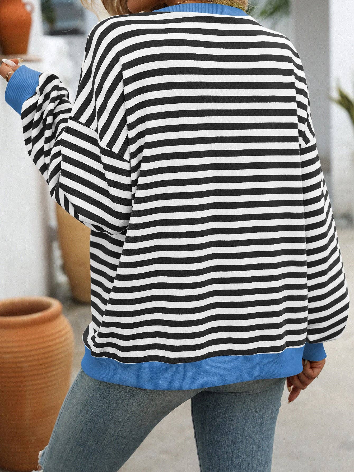 Lovesoft - Women Color Striped Crew Neck Loose Sweatshirt Sweater