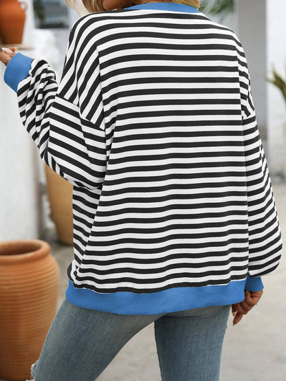 Lovesoft - Women Color Striped Crew Neck Loose Sweatshirt Sweater