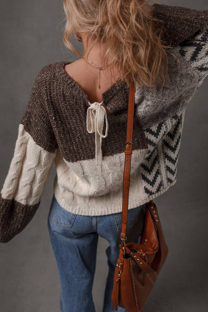 Women's Color Block Cable Knit Patchwork Knotted Back Loose Fit Sweater