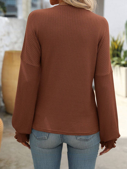 Women’s Lightweight Ribbed Pullover Top – Long Sleeve Ruched Sleeve Shirt – Soft Stretch Crewneck Knit