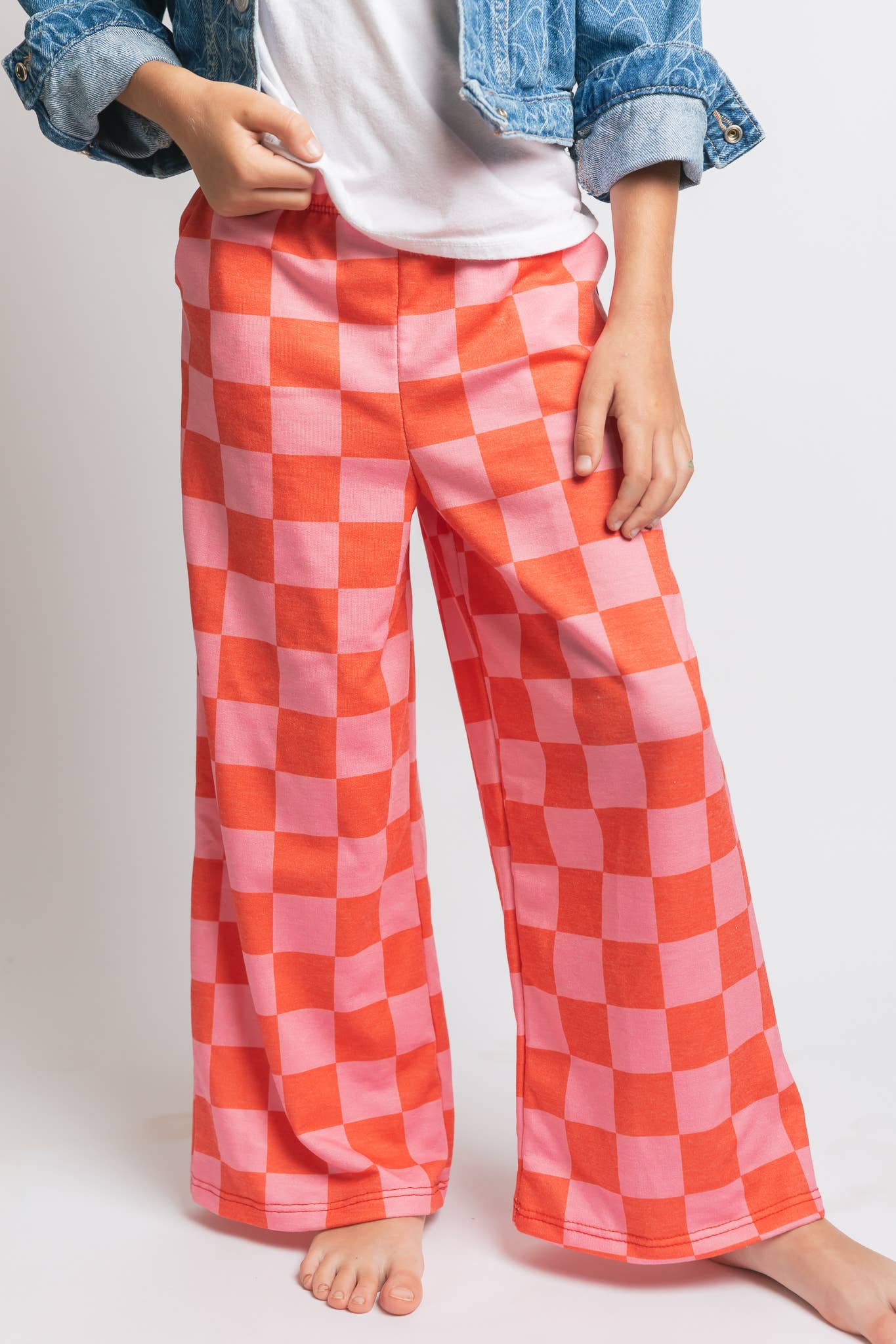 JADE BY JANE - KID STYLE HIGH WAIST CHECKERD STRAIGHT LEG KNIT PANTS