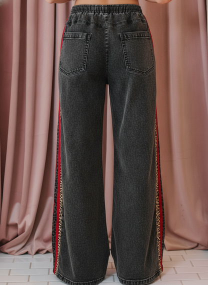 LEOPARD SIDE STRIPE DENIM WIDE LEG PANTS-TPT