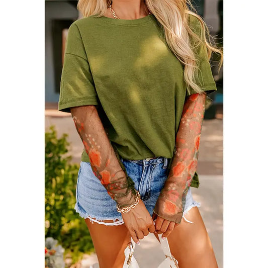 Women’s Green Graphic Mesh Sleeve Tee – Floral Sheer Sleeve T‑Shirt – Trendy Casual Boutique Top for Spring & Summer