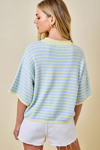 Striped Short Sleeve Henley Knit Top With Dropped Shoulders