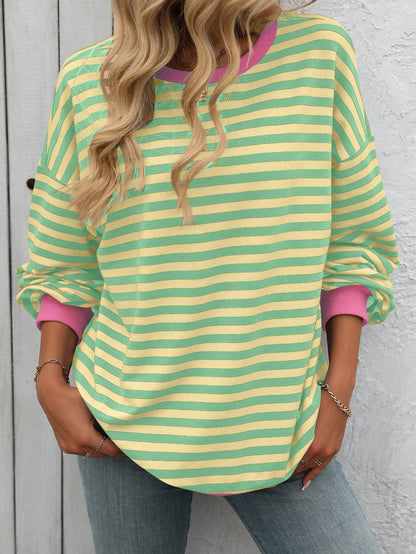 Lovesoft - Women Color Striped Crew Neck Loose Sweatshirt Sweater