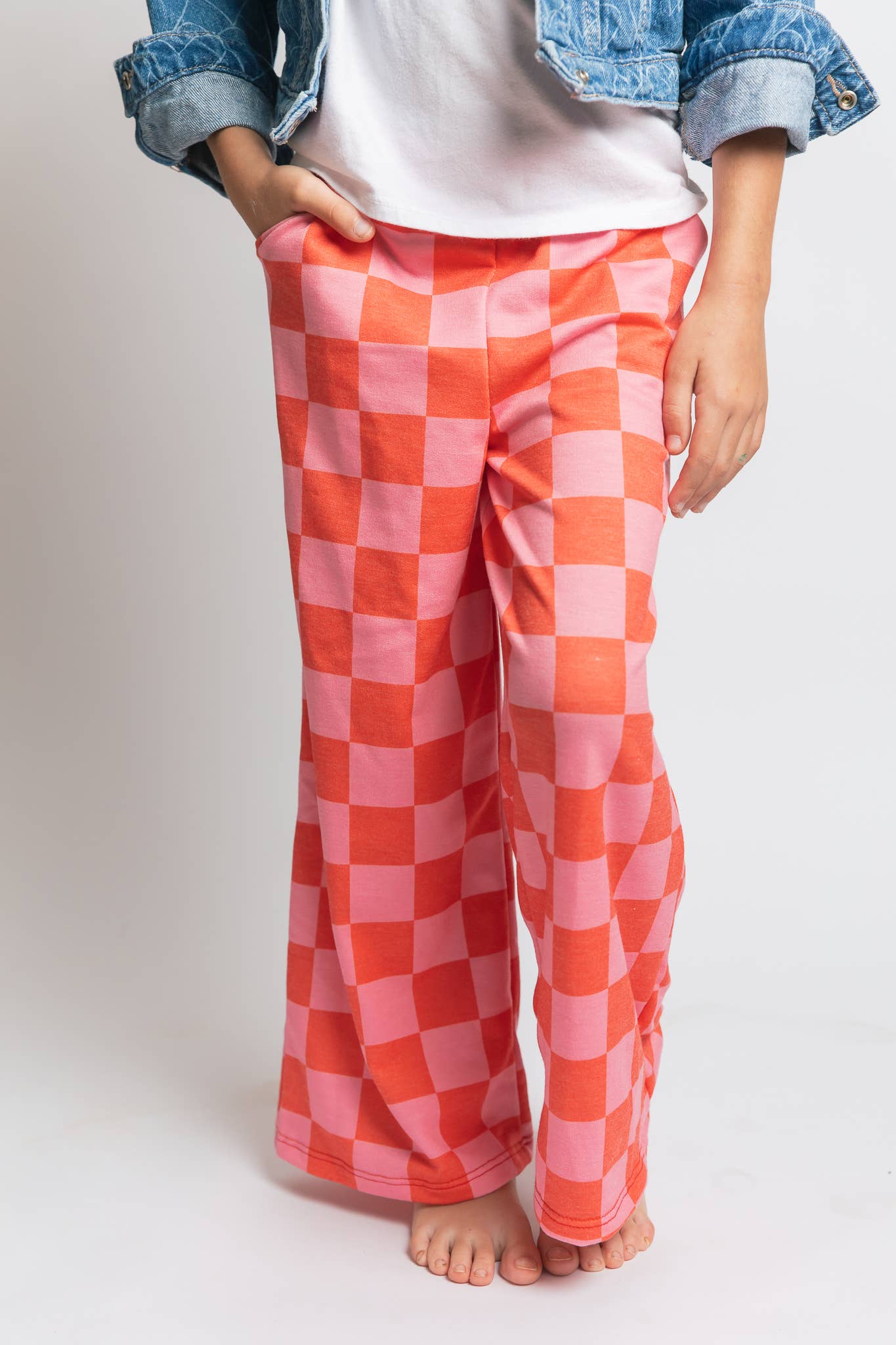JADE BY JANE - KID STYLE HIGH WAIST CHECKERD STRAIGHT LEG KNIT PANTS