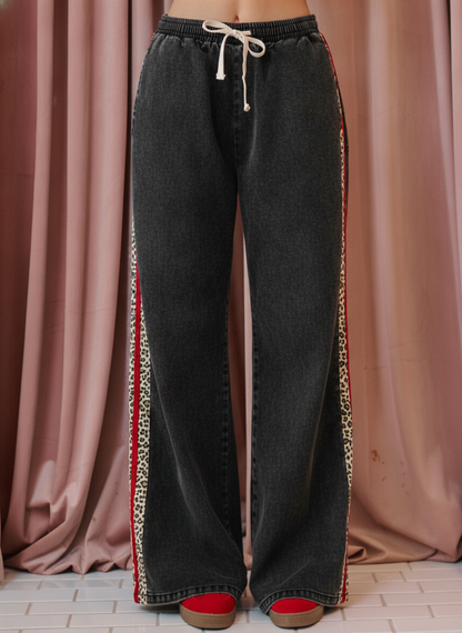 LEOPARD SIDE STRIPE DENIM WIDE LEG PANTS-TPT