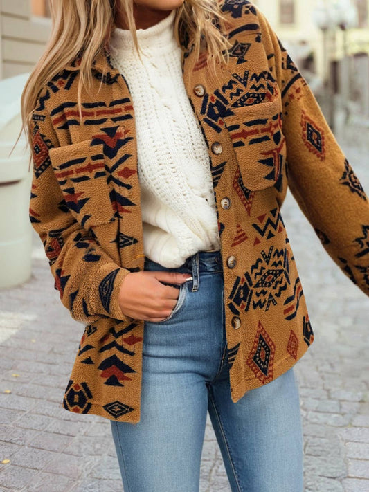 Women’s Southwestern Aztec Shacket – Tribal Print Button‑Up Jacket – Cozy Fall Winter Layering Shirt Jacket