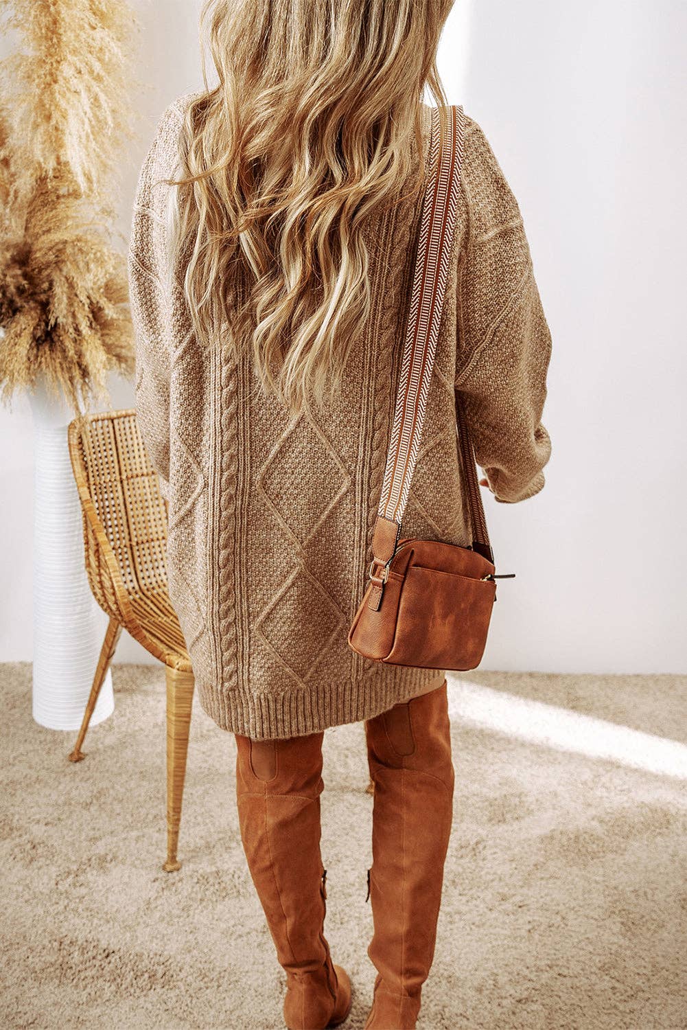 Women’s Oversized Cable Knit Sweater – Beige Chunky Textured Pullover – Cozy Fall Winter Boutique Knitwear