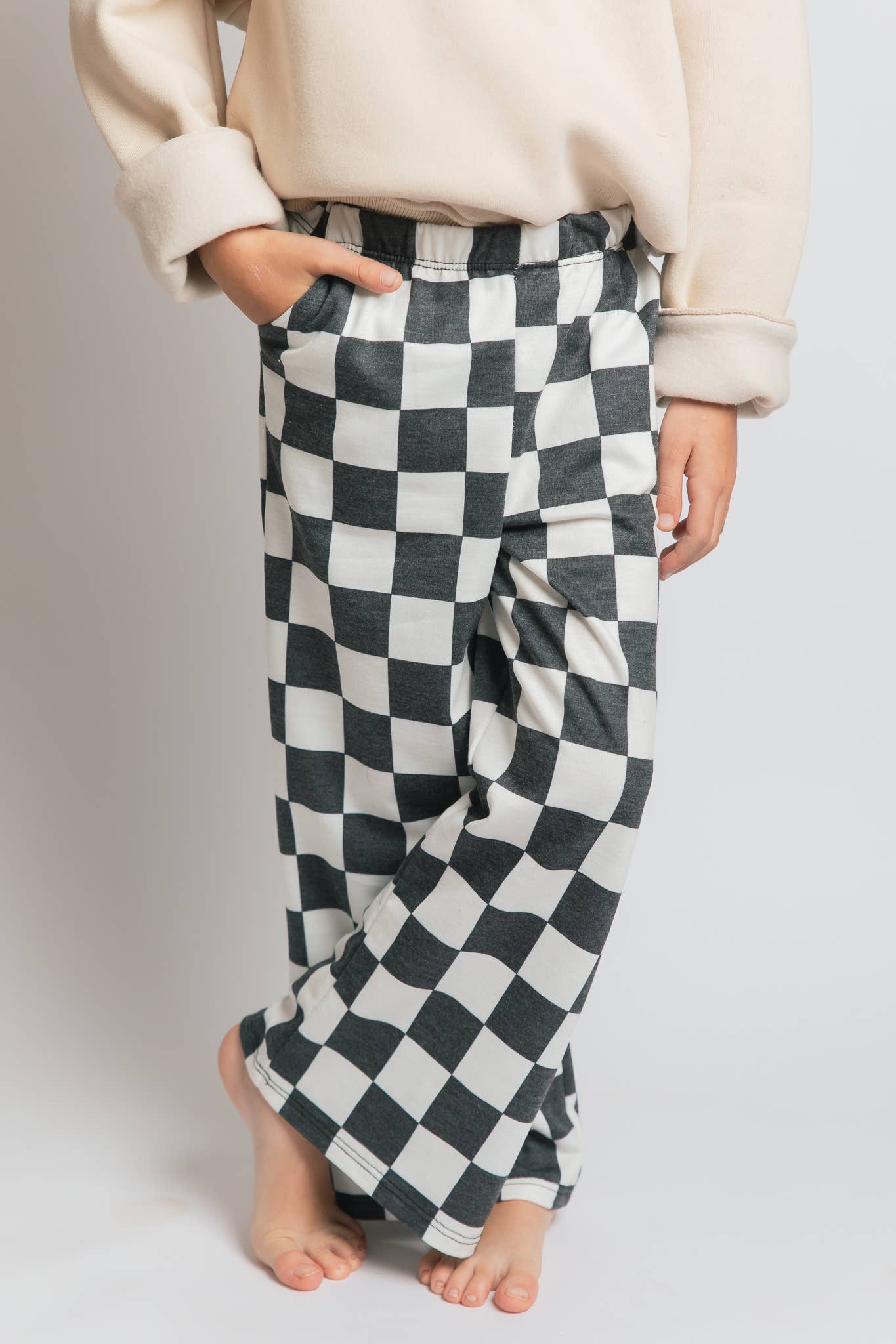 JADE BY JANE - KID STYLE HIGH WAIST CHECKERD STRAIGHT LEG KNIT PANTS