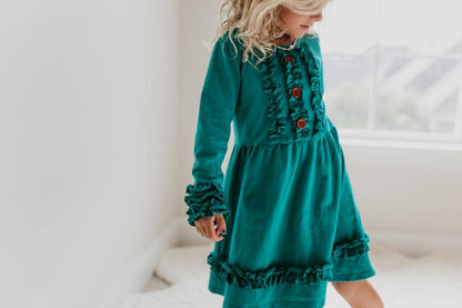 Adorable Sweetness - Kids Long Sleeve Dark Teal Ruffle Button Fall Winter Dress