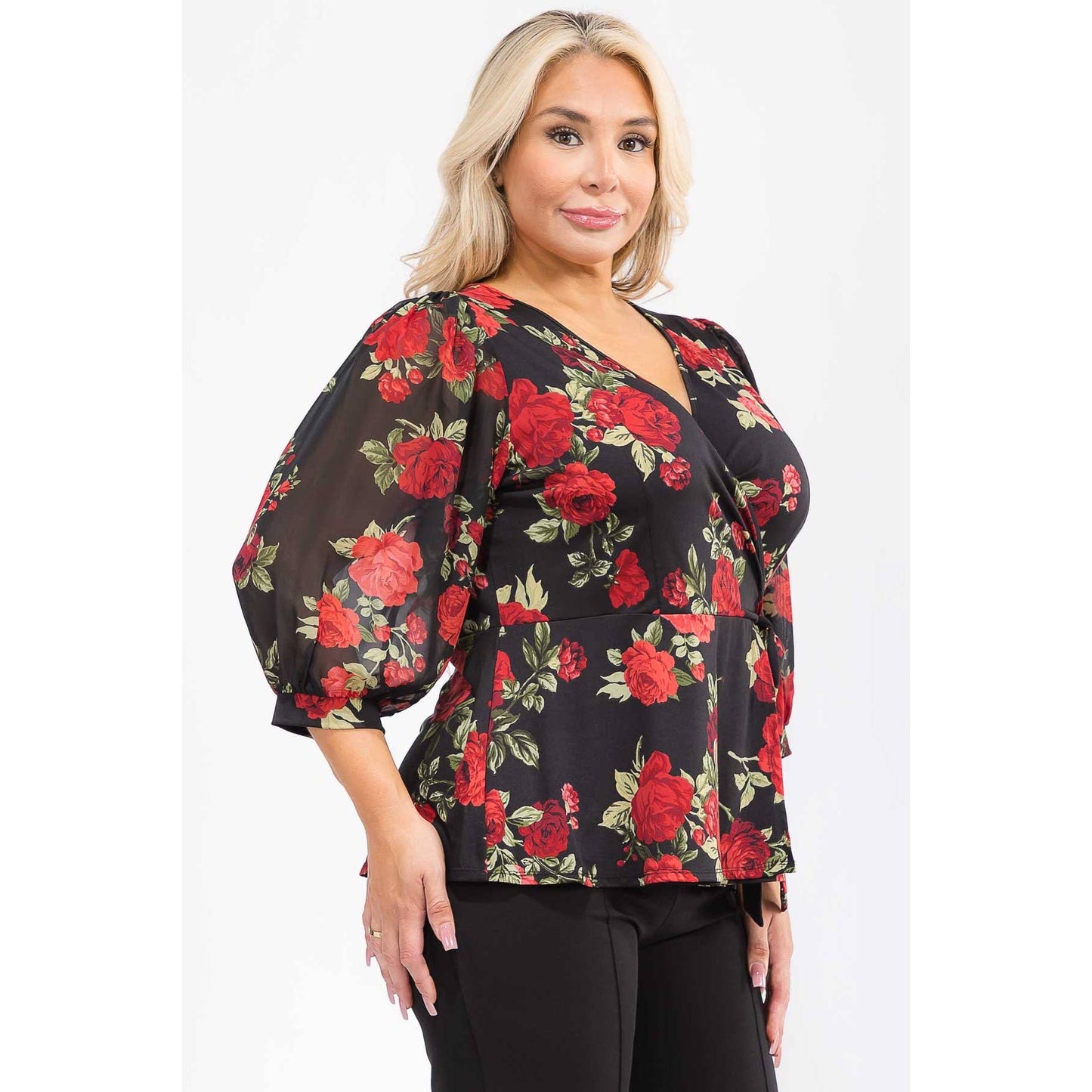 Plus Floral Wrap Blouse