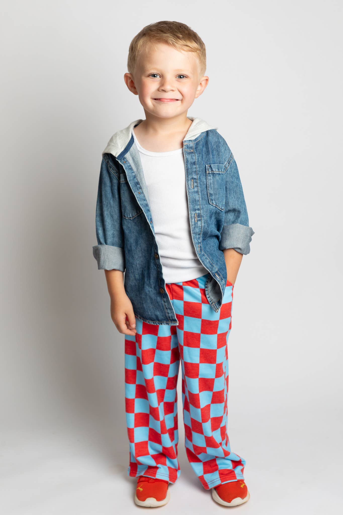 JADE BY JANE - KID STYLE HIGH WAIST CHECKERD STRAIGHT LEG KNIT PANTS